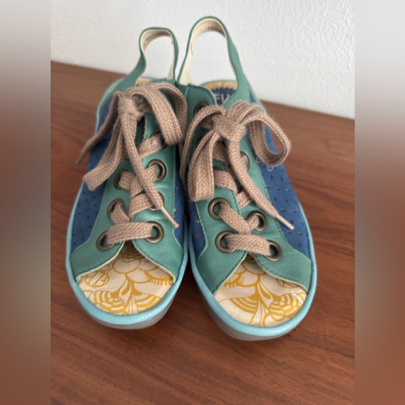 Fly London Womens green blue Perforated Lace Up Wedge Sandals Size EU 38 - Picture 1 of 8